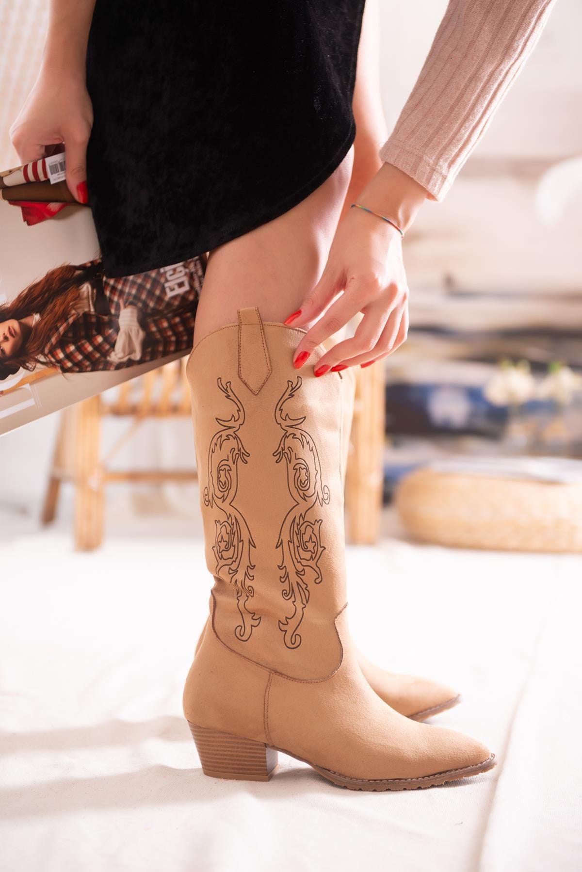 Erin – Cognac Suede Laser-Cut Western Knee-High Boot (Women)