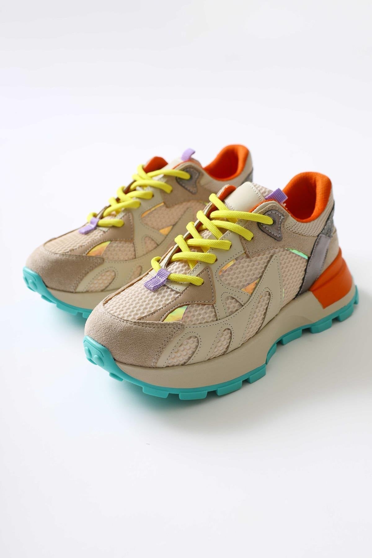 Moe Beige Lace-Up Sneakers with Mesh Detail