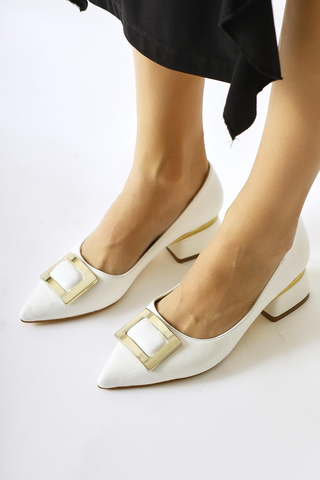 Charoline – White Buckle-Detail Low-Heel Pointed-Toe Shoe (Women)