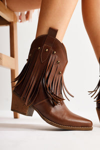 Lillebeth – Cognac Fringe Stud-Detail Western Boot (Women)