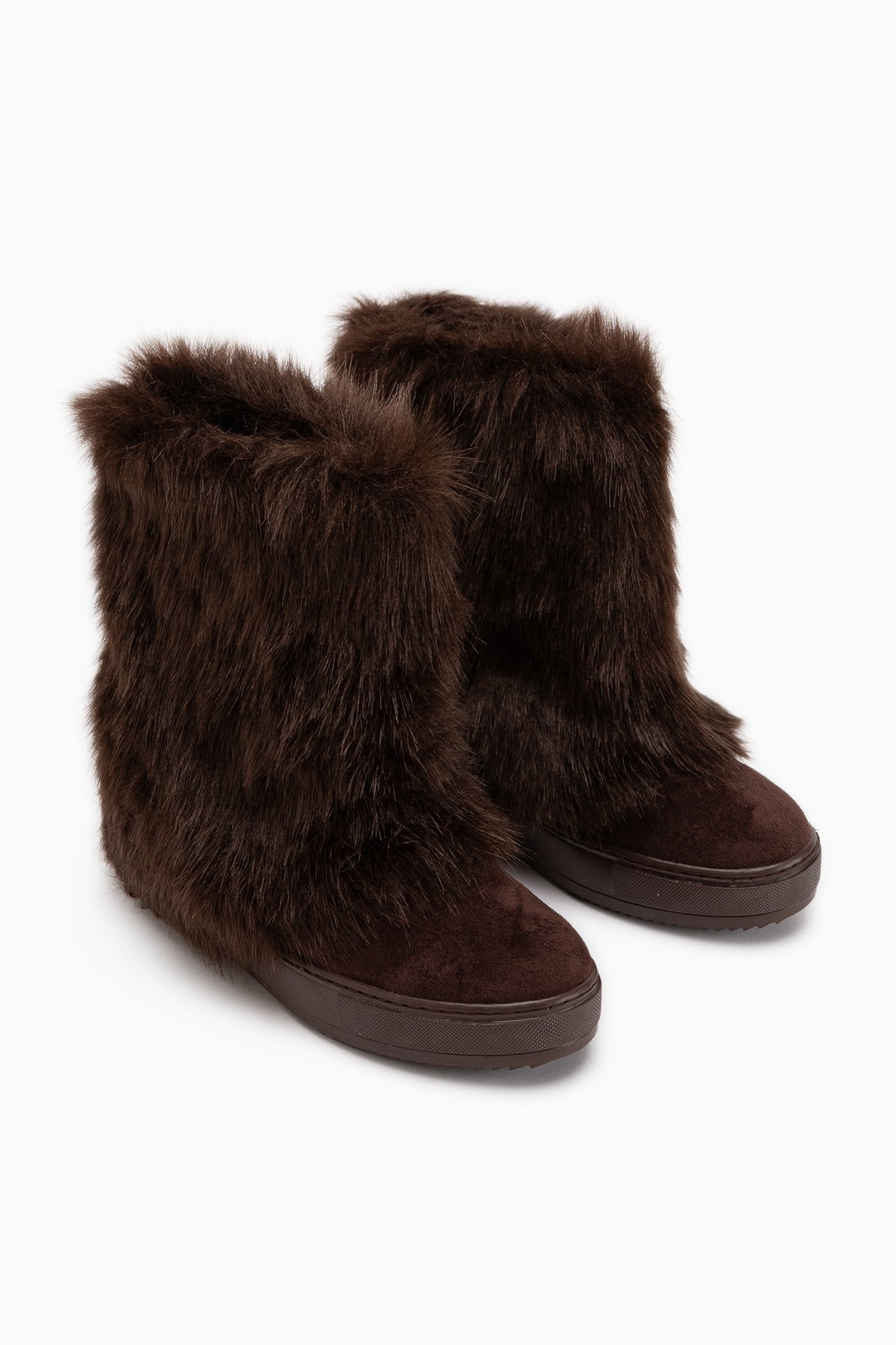 Randi Brown Suede Hidden Wedge Feathered Boots