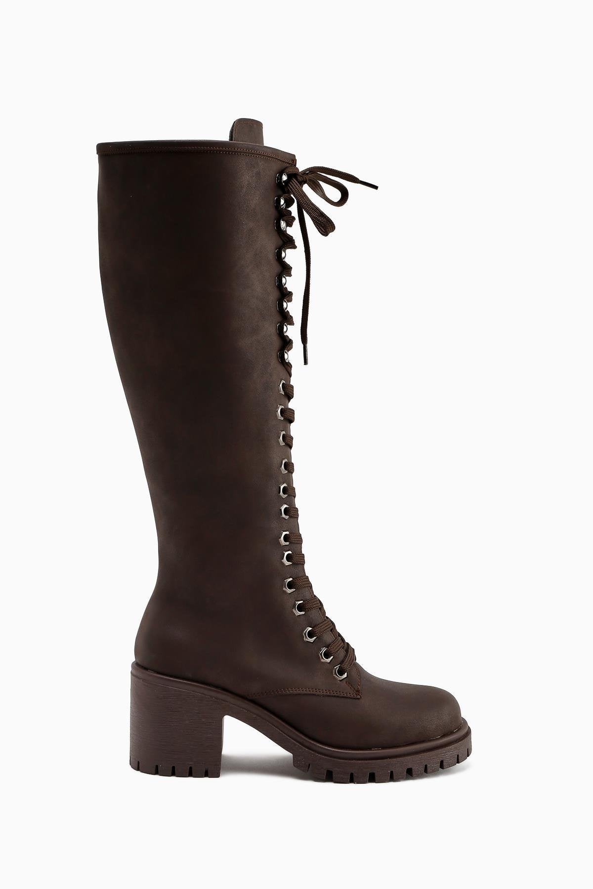 Bella Brown Lace-Up and Zippered Oval-Toed Heeled Women's Boot