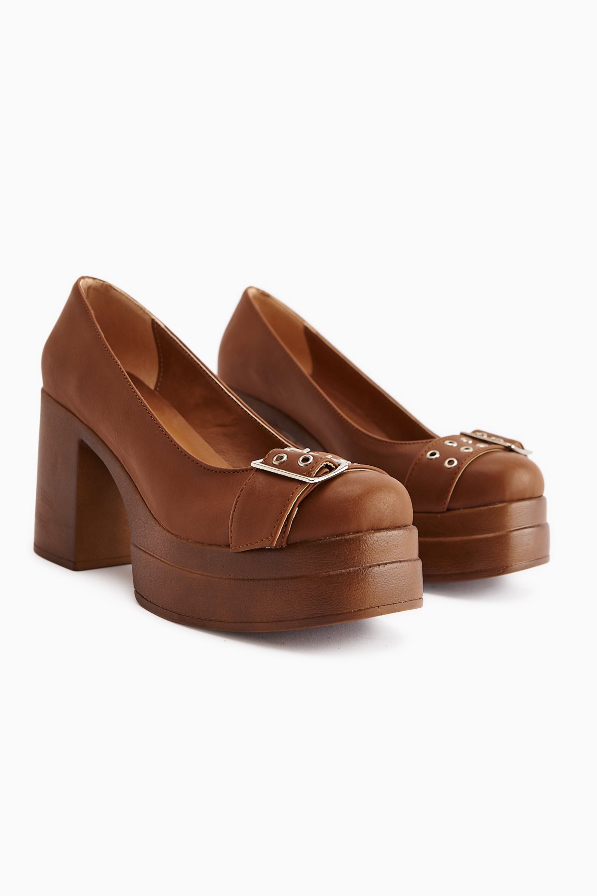 Salin Tan Buckle Detailed Open-Toe Heeled Daily Shoes