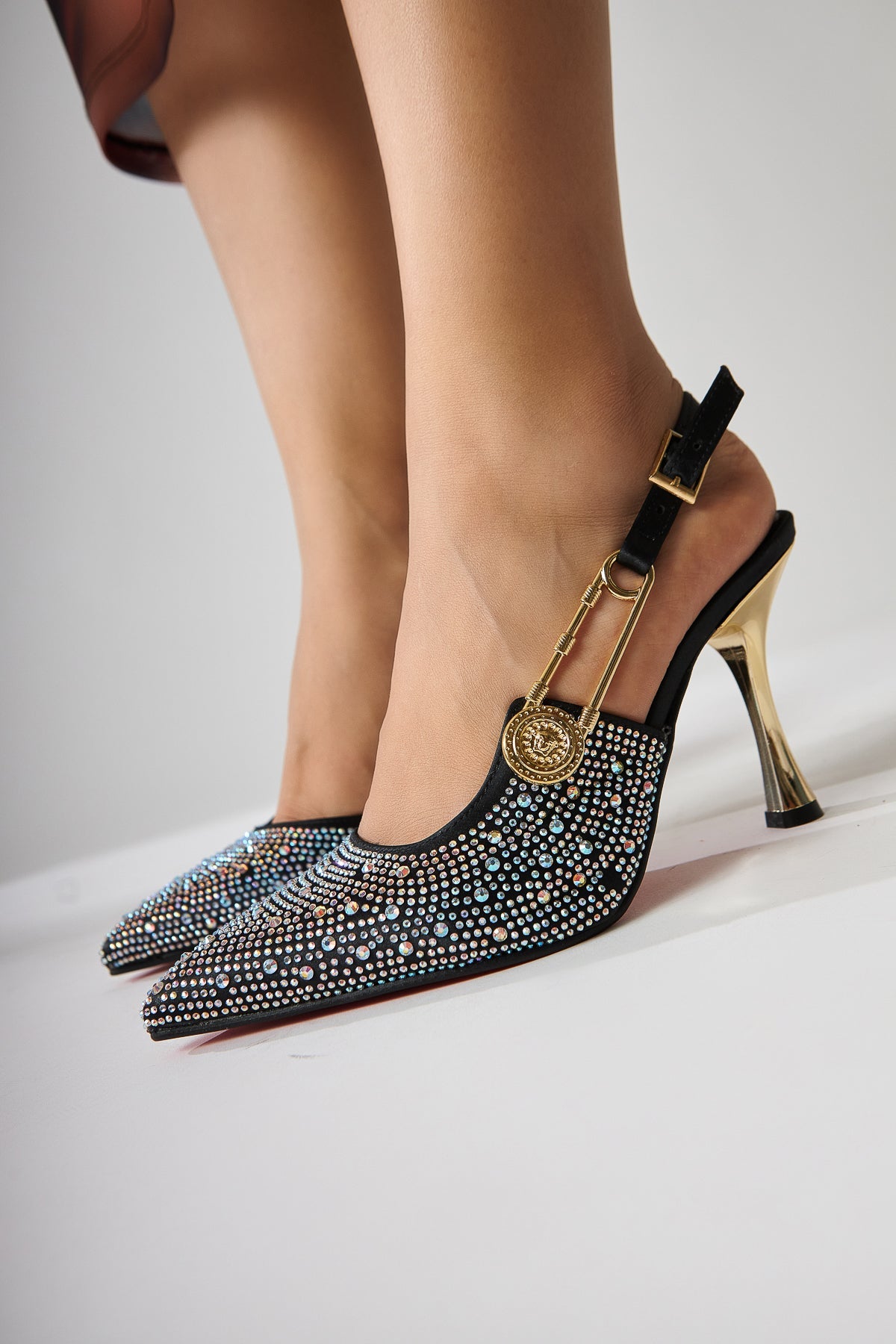 Denise – Silver; Beige/Light-Gold Tones Stone-Embellished Shiny Ankle-Tie Pointed-Toe Slim Heel Open-Back Ankle-Strap Gold-Chain Side Accessory Shoe (Women)