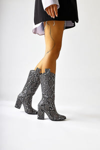 Keri Black Snake Pattern Asymmetric Cut Heeled Ankle Boot