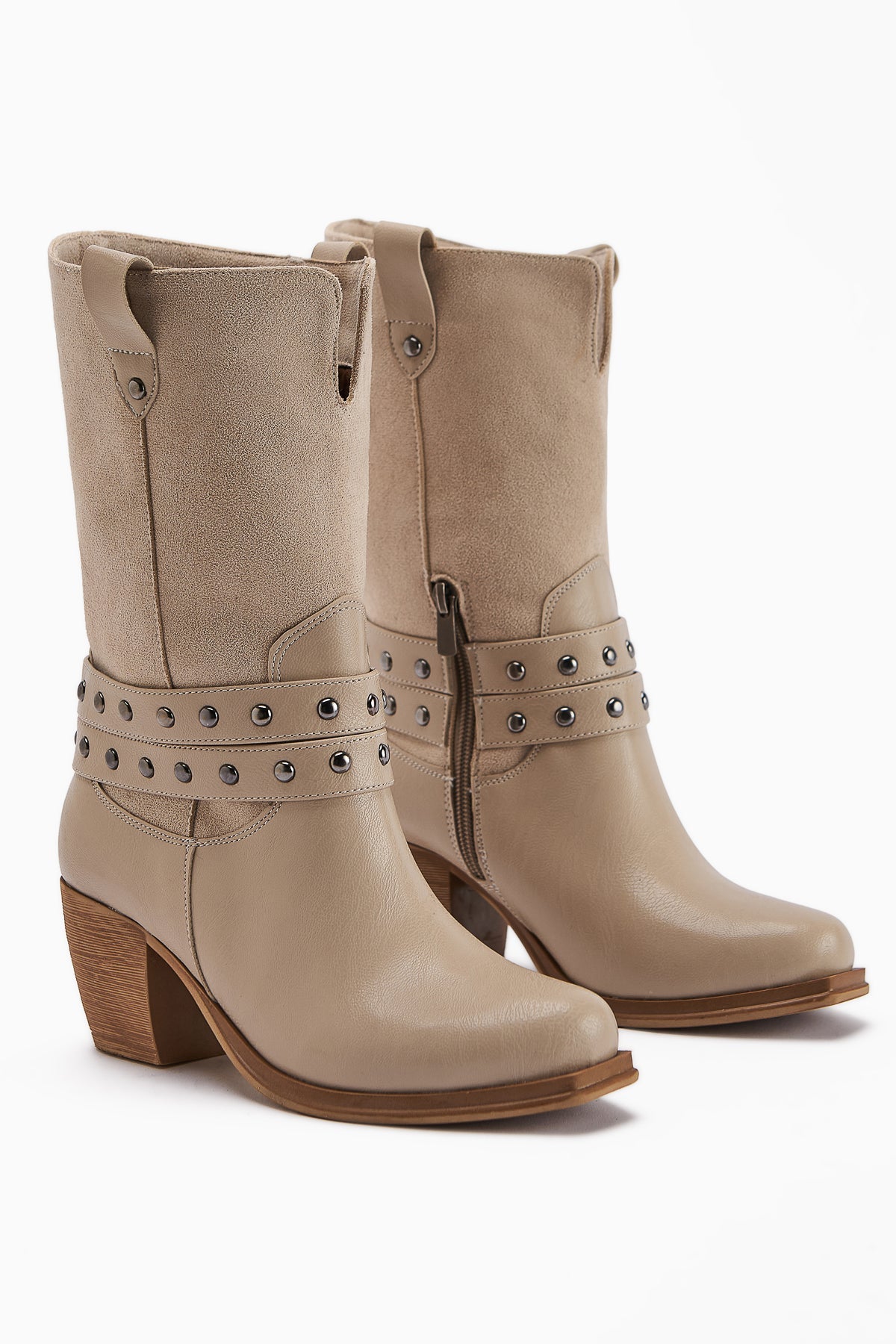 Catrin Beige Studded Heeled Women's Boot