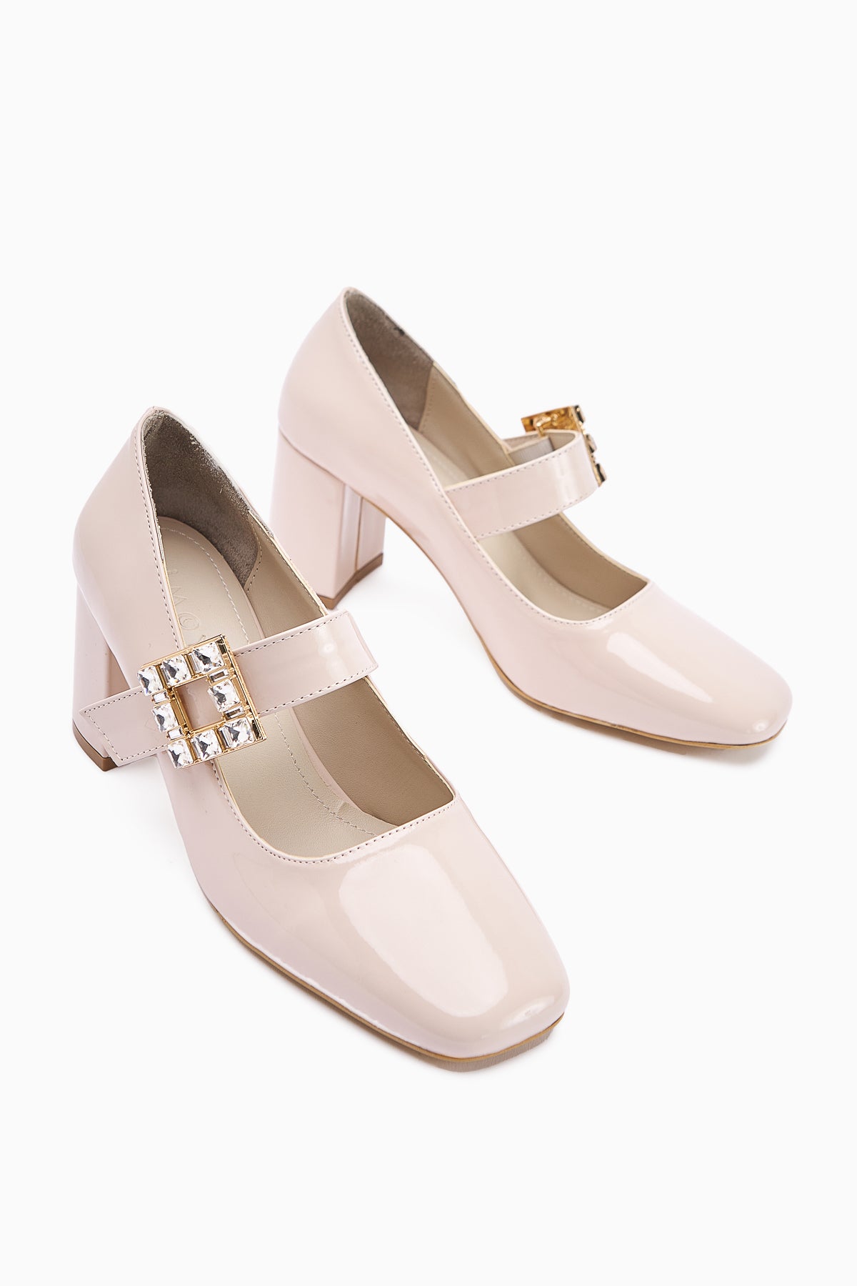 Liss Beige Patent Square-Toed Women’s Heeled Shoes