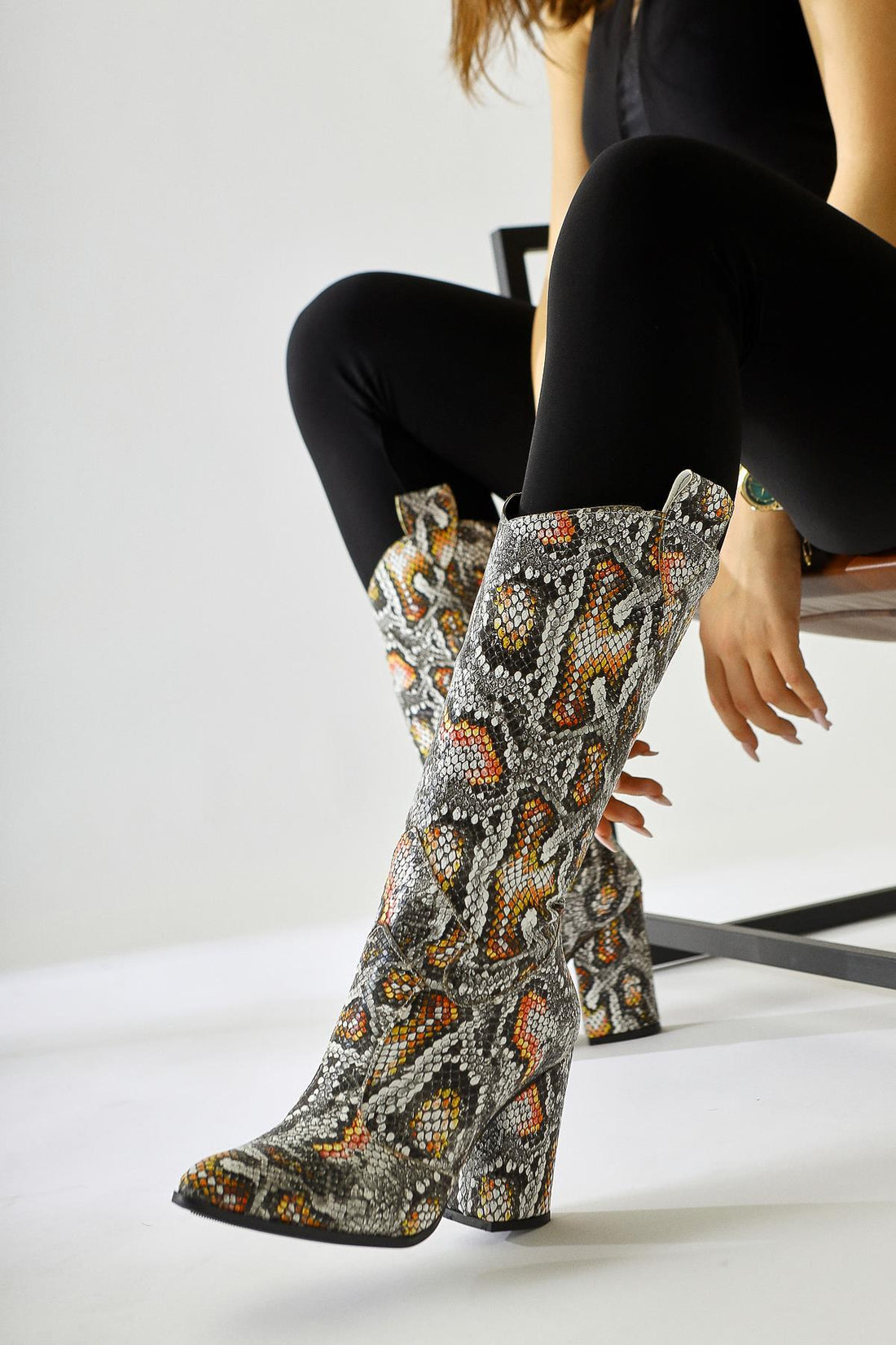 Keri Snake Print Asymmetric Cut Heeled Ankle Boot
