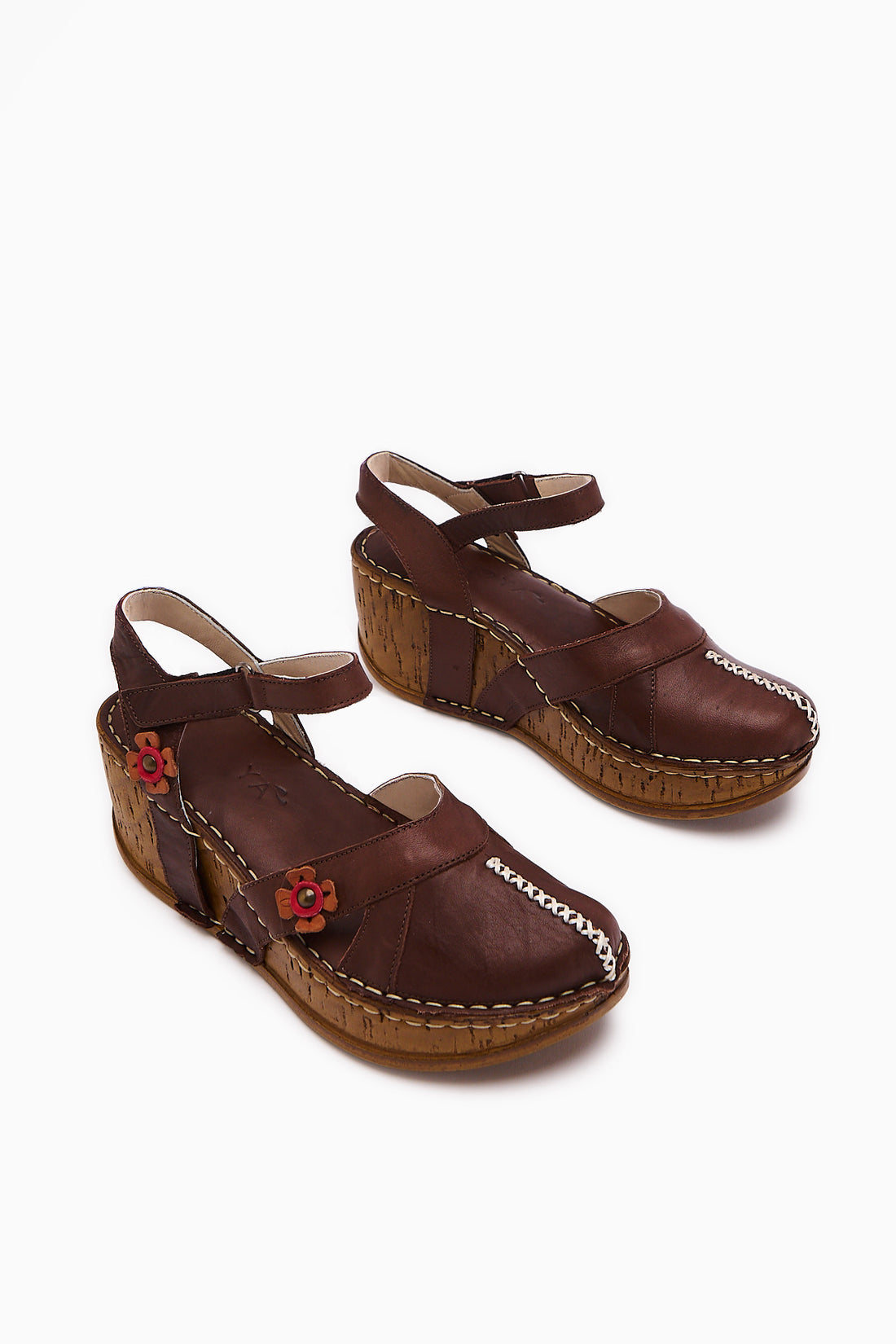 Genuine Leather Katlyn Earth Flower Detailed Closed Toe Wedge Sandal
