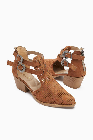 Carin Taba Suede Women's Summer Boots with Buckle Detail and Back Zipper