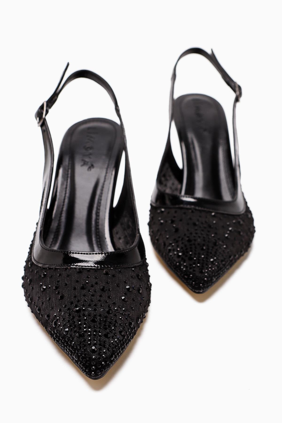 Kally – Black Transparent-Fabric Stone-Embellished Heeled Shoe (Women)
