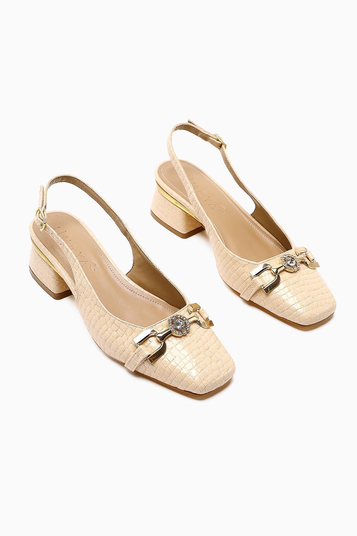 Tai Beige Crocodile Stone Detailed Women’s Heeled Shoes