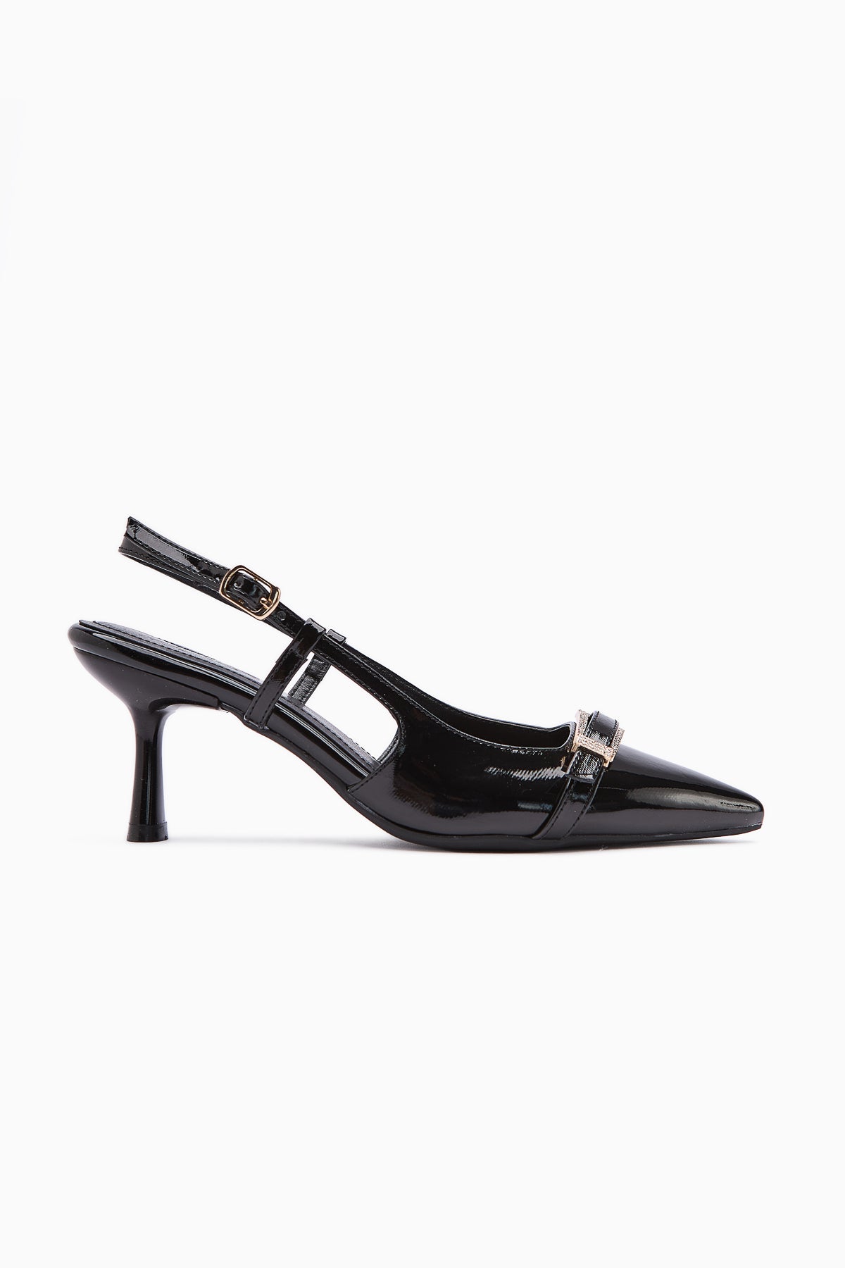 Mina Black Patent Buckled Pointed Toe Women’s Sandal