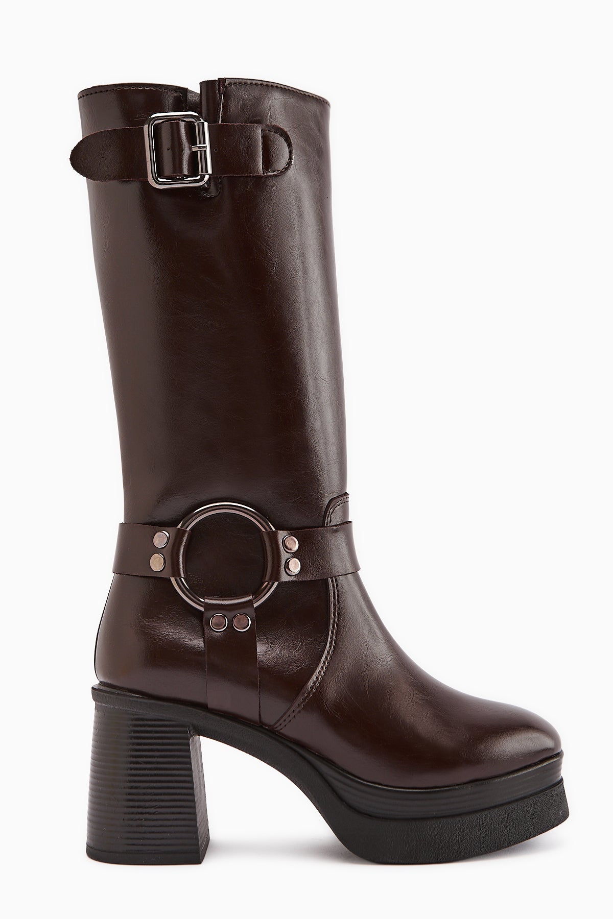 Beris – Burgundy Buckle-Detail Platform Heel Knee-High Boot (Women)