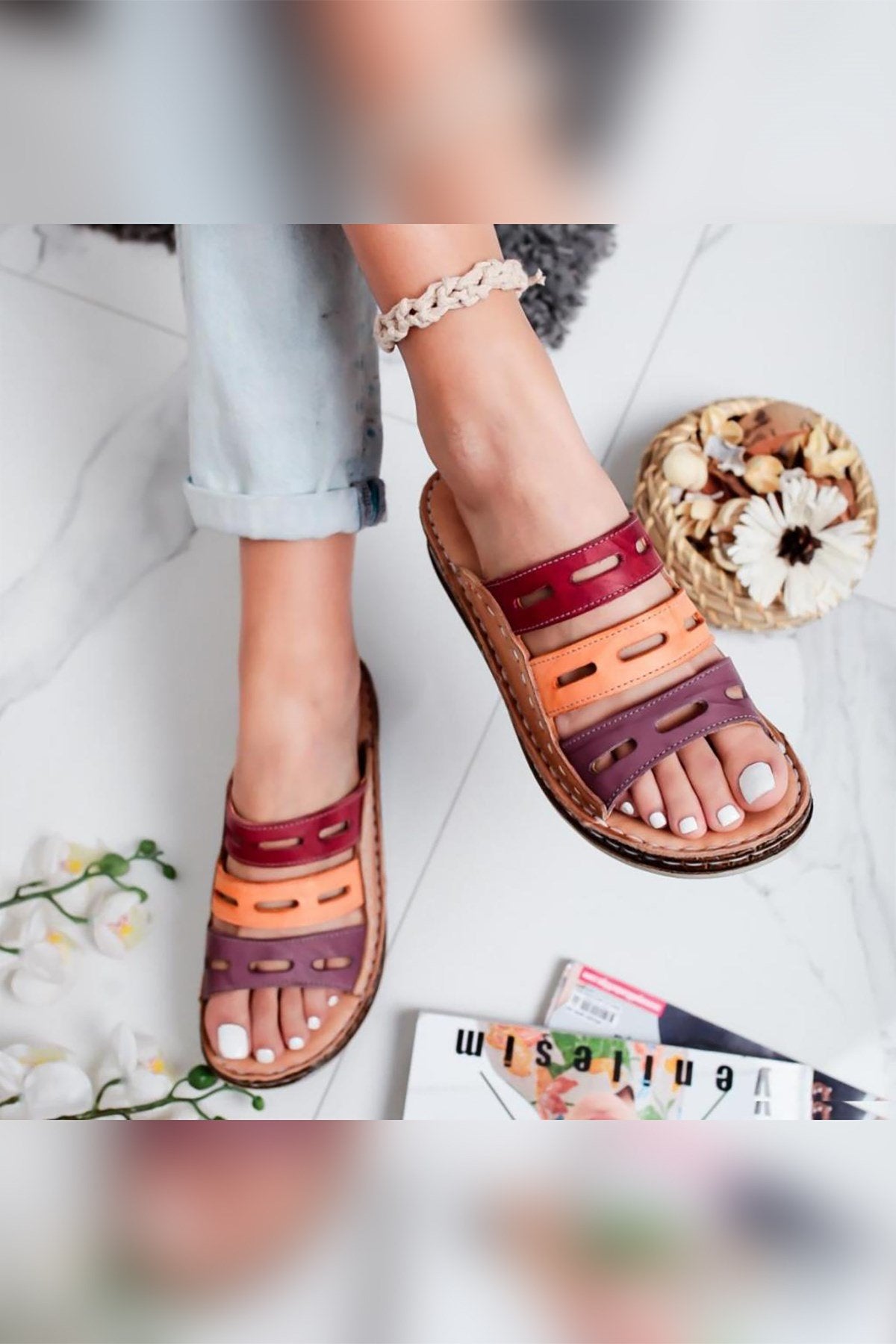 Joelle – Genuine Leather Nude Burgundy Purple Orange Laser-Cut Slide (Women)