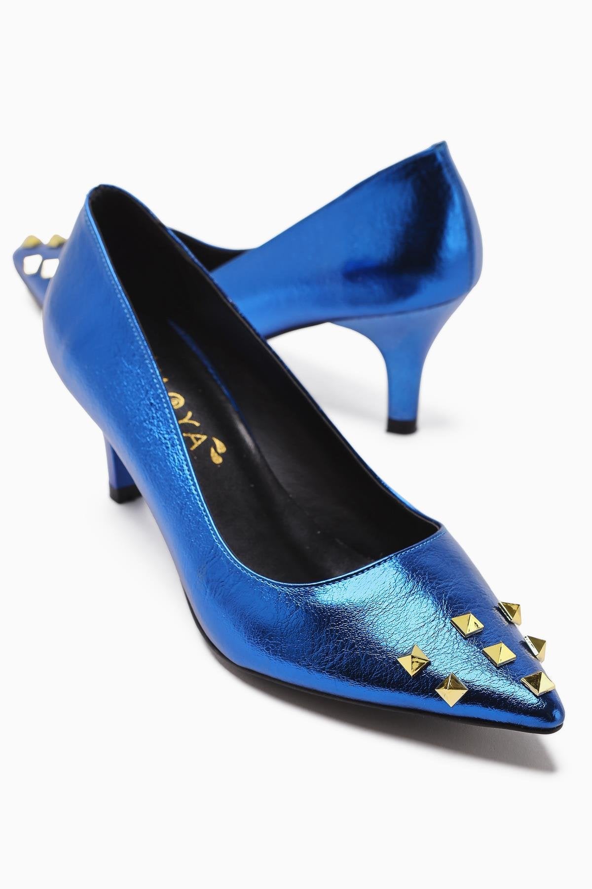 Anni – Navy Shiny Crinkled Patent Pyramid-Studded Heeled Shoe (Women)