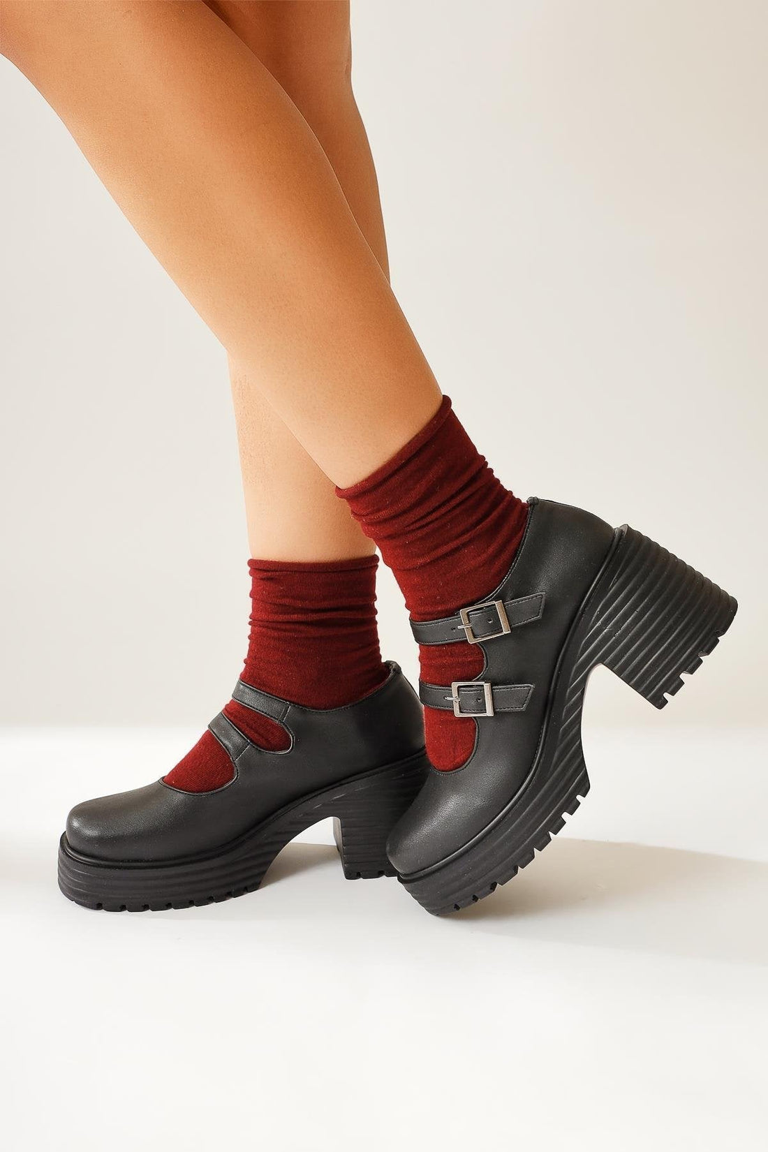 Roselie – Black Thick-Sole Heeled Double-Strap Everyday Shoes (Women)