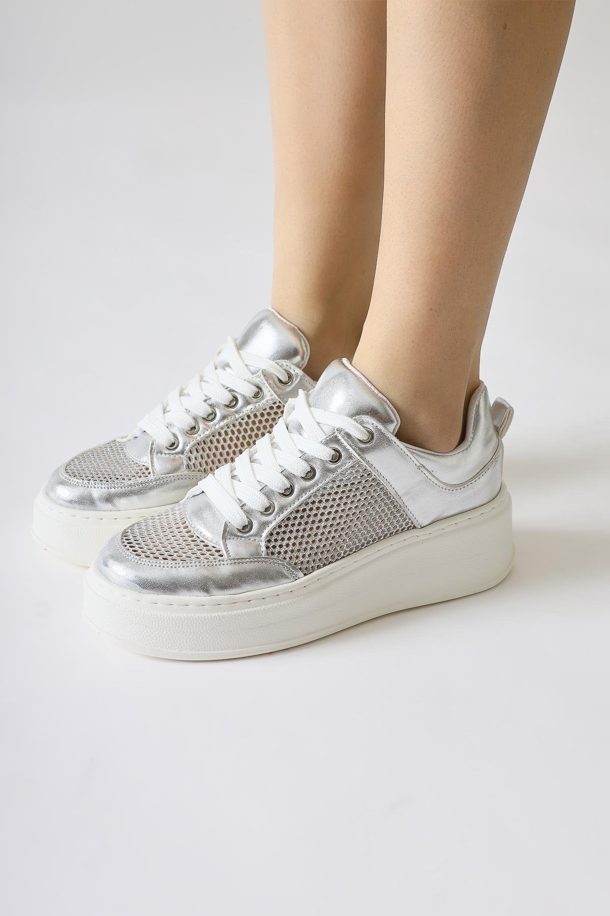 Emilina Silver Mesh Lace-Up Sneakers