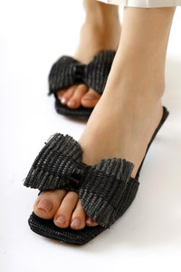 Tonka Black Straw Bow-Tied Low Heel Slippers