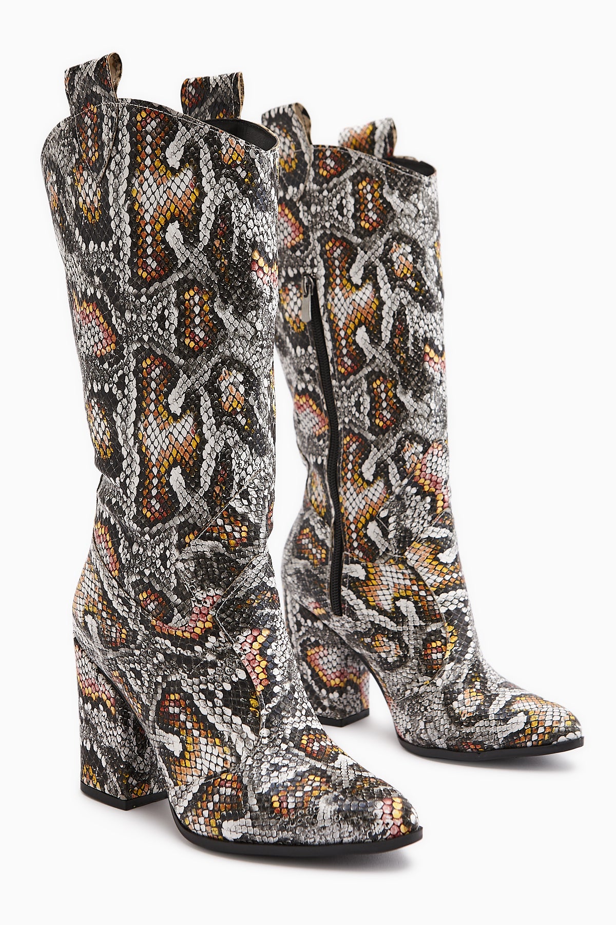 Keri Snake Print Asymmetrical Cut Women’s Short Heeled Boots