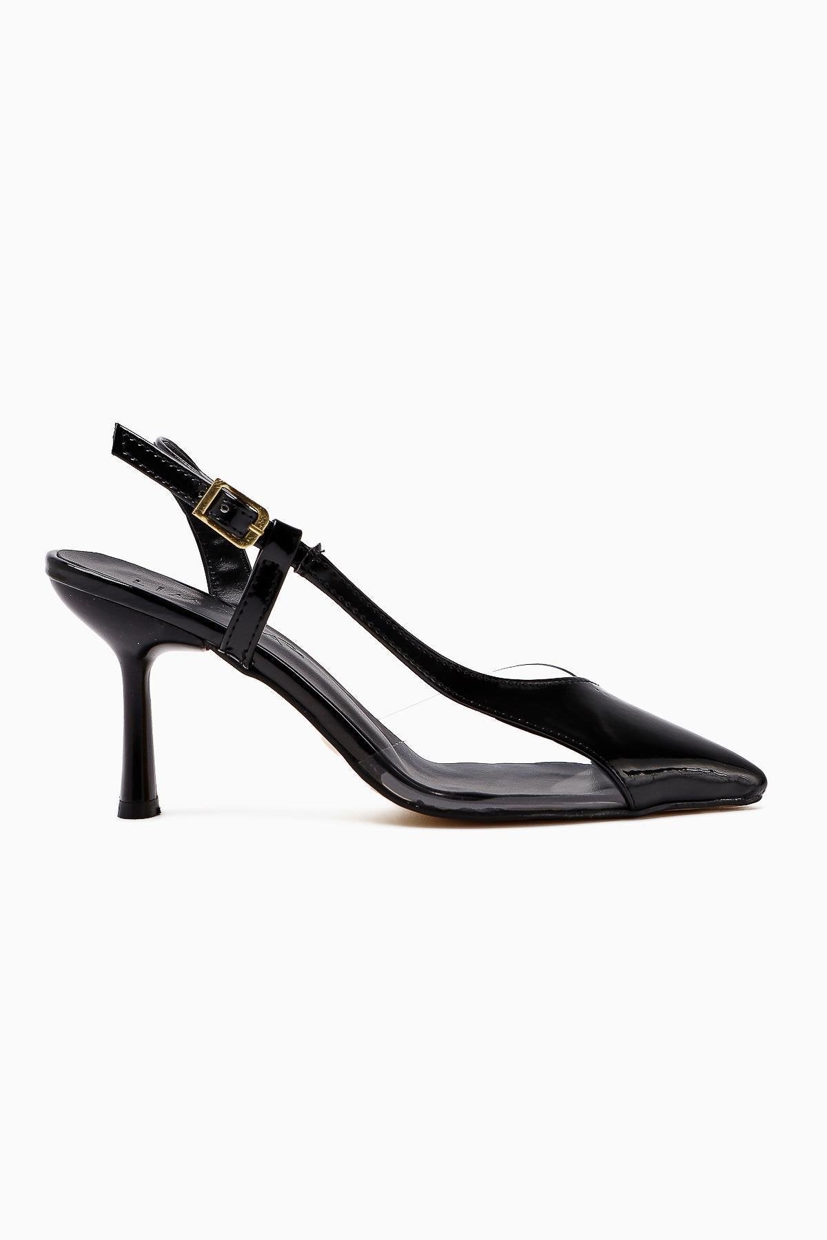 Aliah Black Patent Leather Pointed Toe Pumps with Transparent Detail