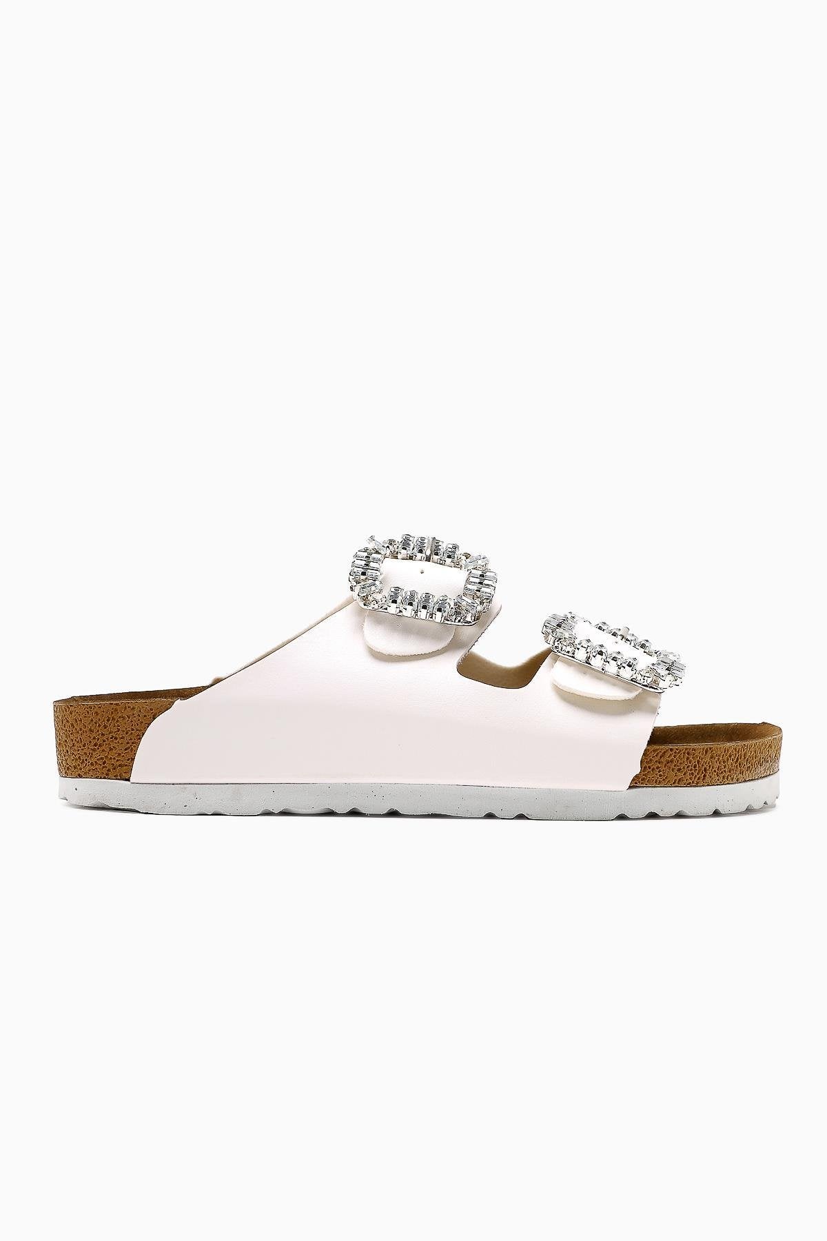 Brisa White Double Strap Embellished Buckle Detail Slide