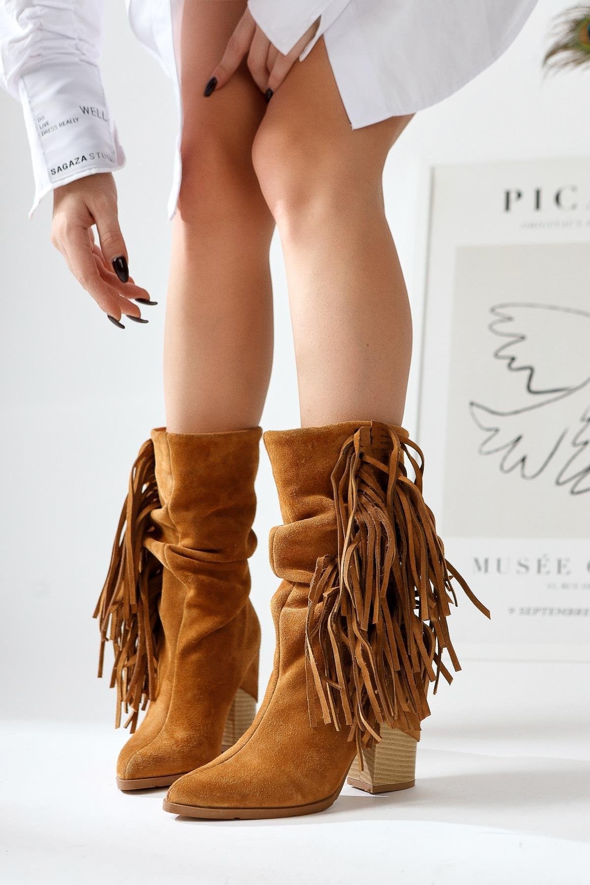 Bohem Genuine Leather Taba Fringed Short Western High Heel Boots
