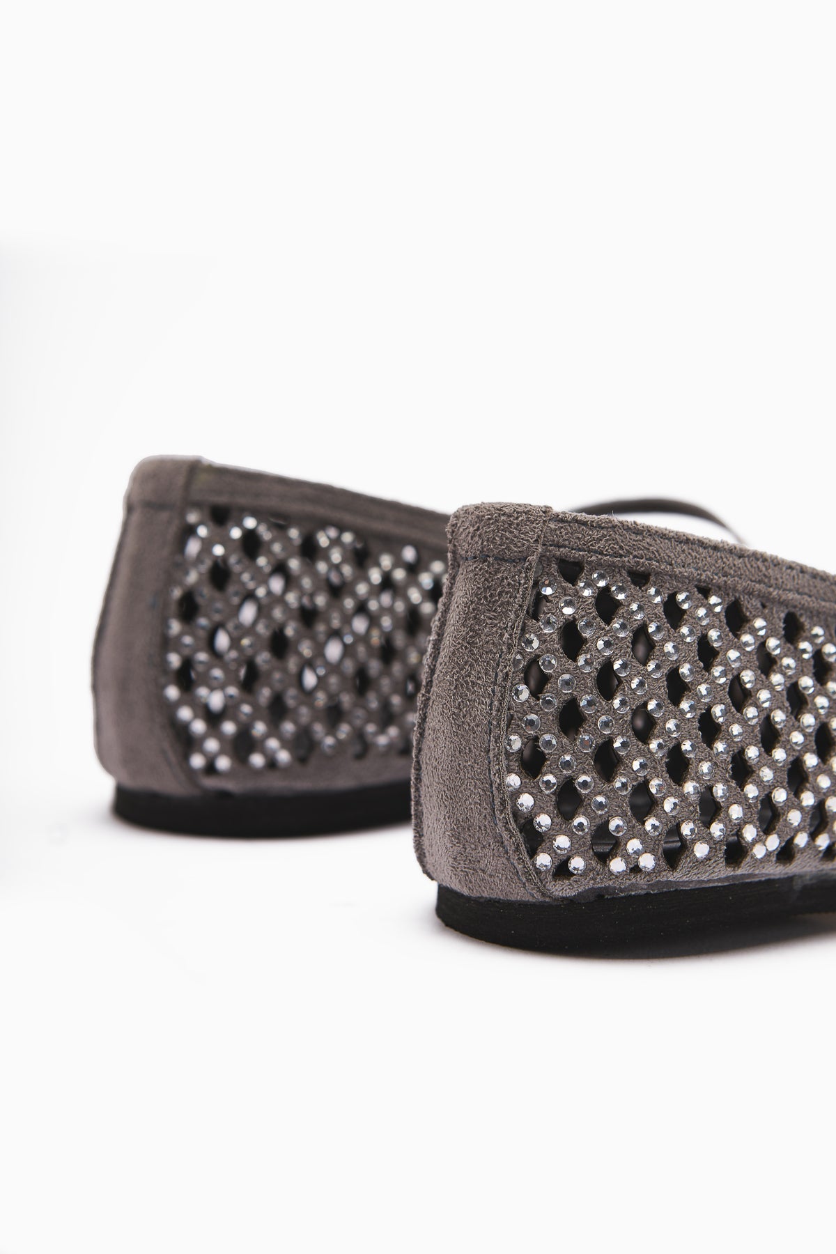 Nicole Gray Suede Oval Toe Perforated Stone Detailed Single Strap Casual Women's Shoes