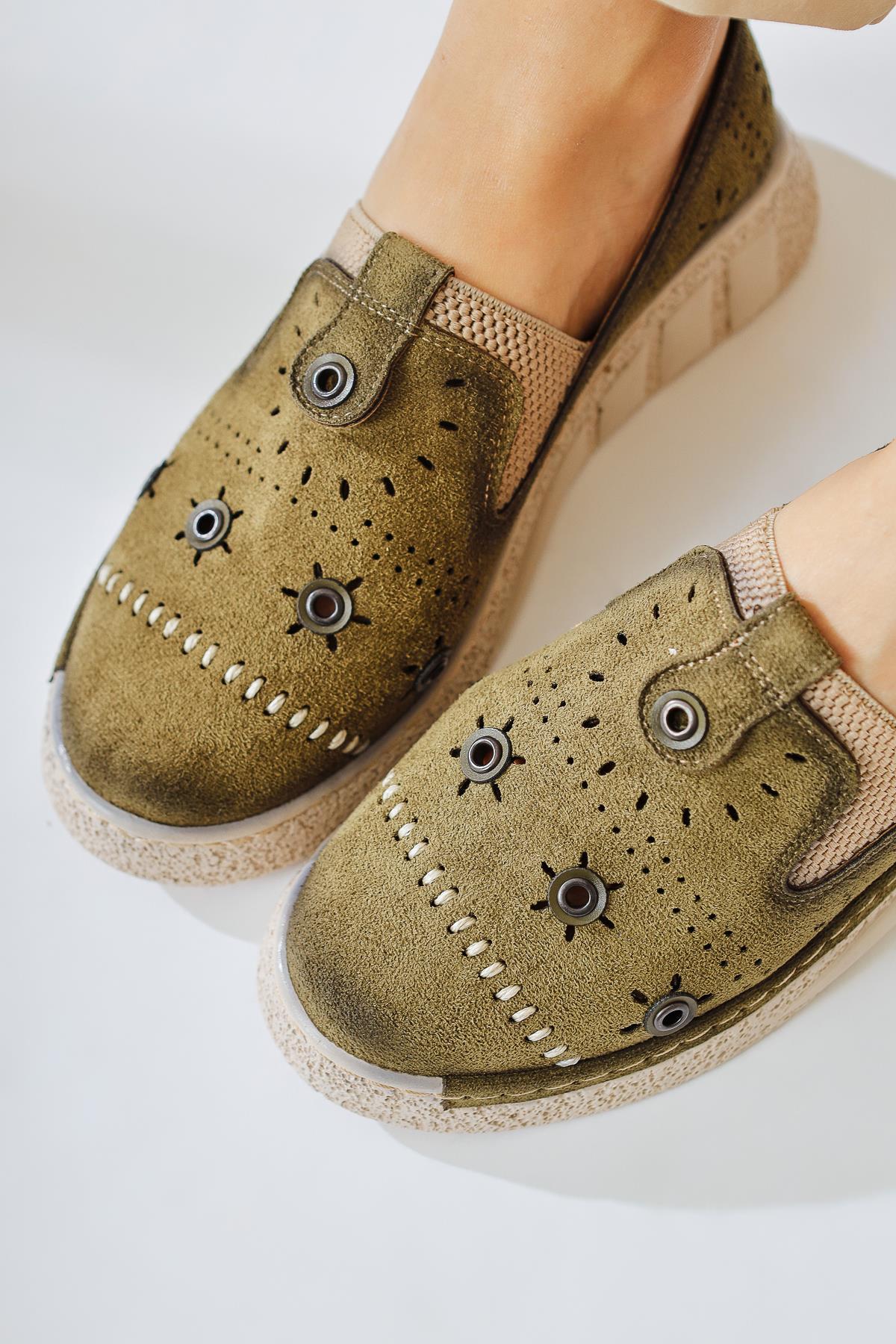 Bethina Olive Suede Flat with Rivet Details and Laser Cutouts