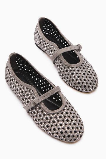 Nicki Grey Suede Oval Toe Perforated Stone Detail Single Strap Women's Casual Shoe