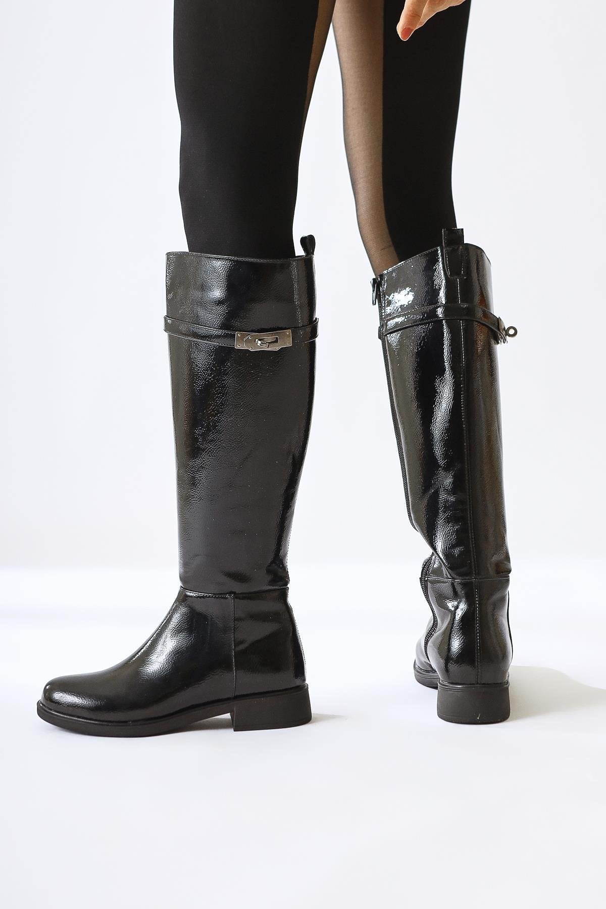 Kanako – Black Patent Accessory-Detail Zippered Low-Heel Knee-High Boot (Women)
