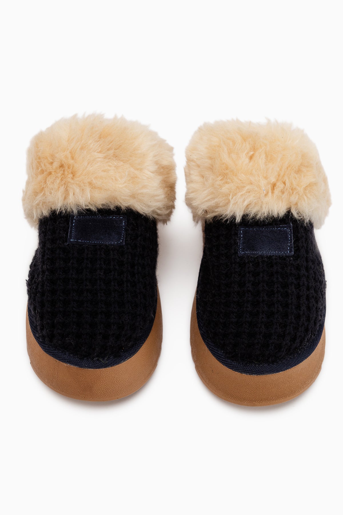 Mariza Navy Plush Knit Fur Lined Thick Sole Women’s Slippers