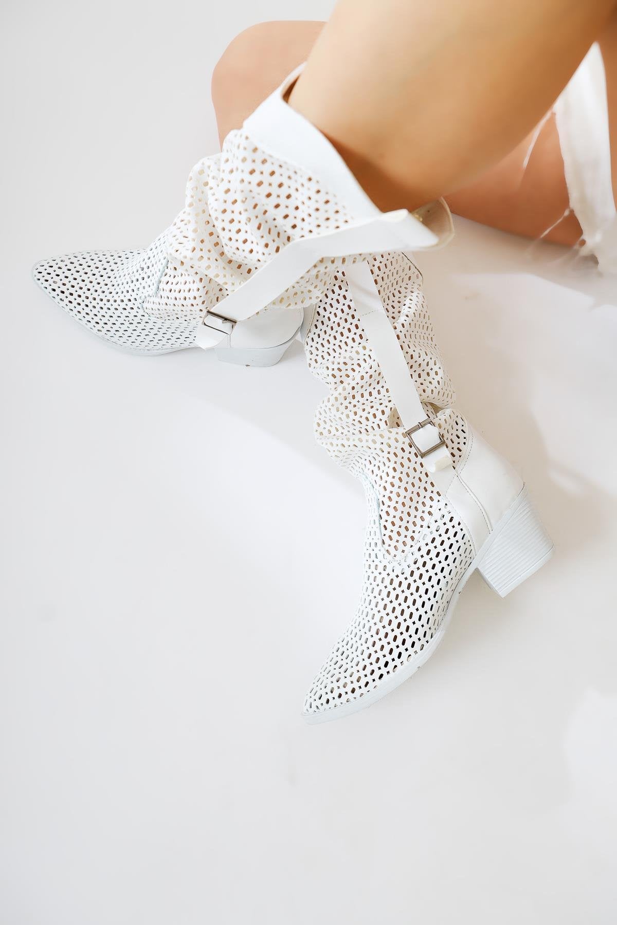 Orietta White Laser Cut Flared Summer Boots