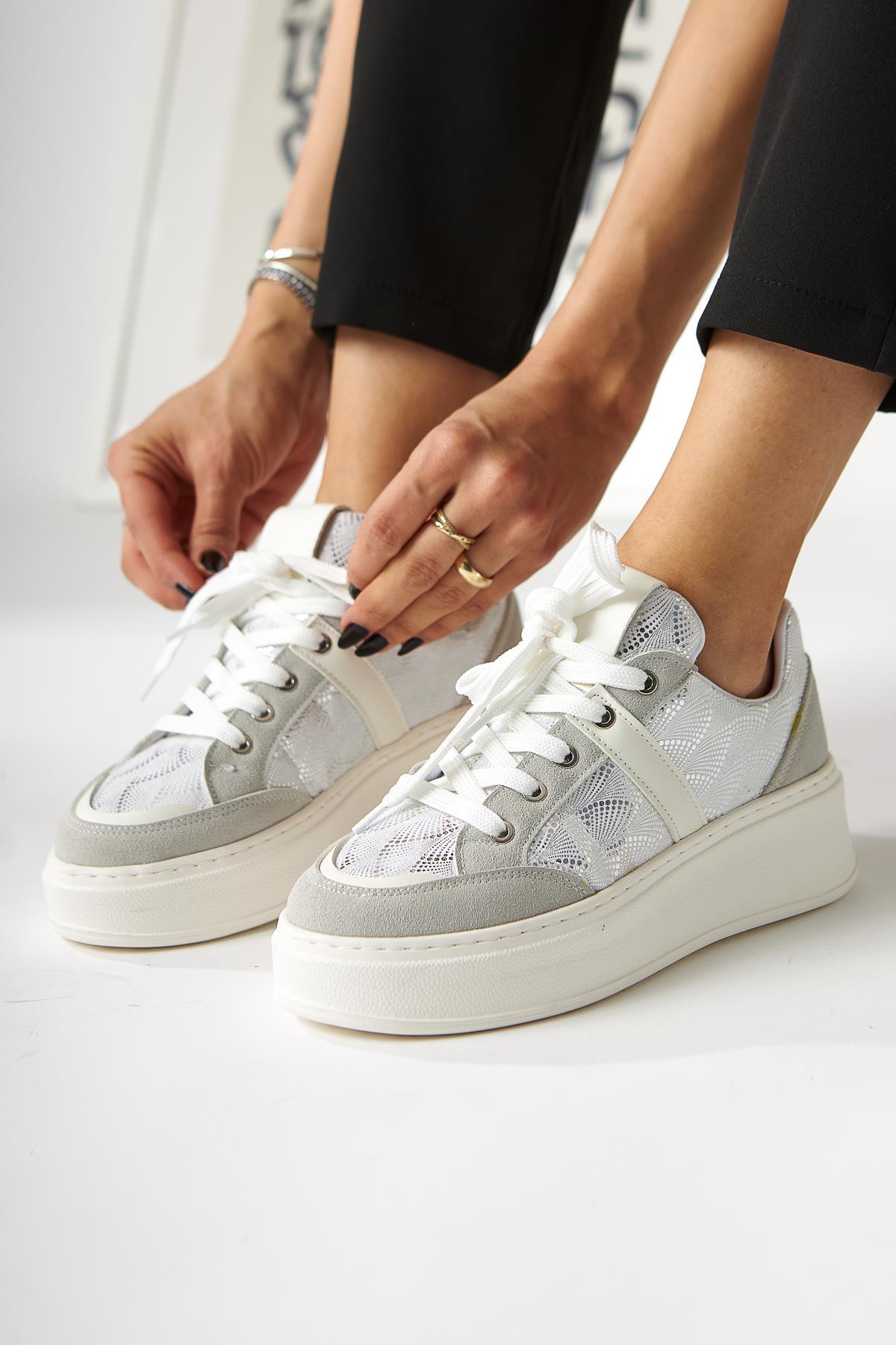 Julissa – White Suede Shiny Patterned Thick Sole Sneaker (Women)
