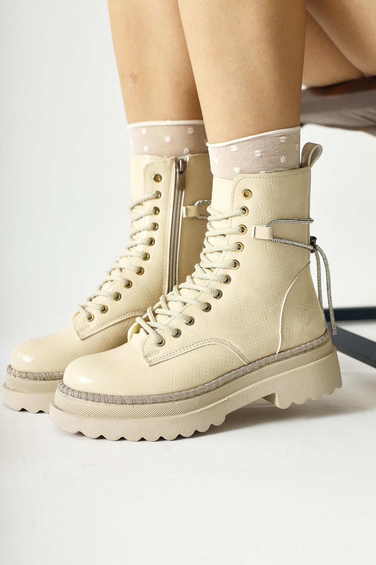 Andia Beige Shiny Stone Detailed Lace-Up Boot