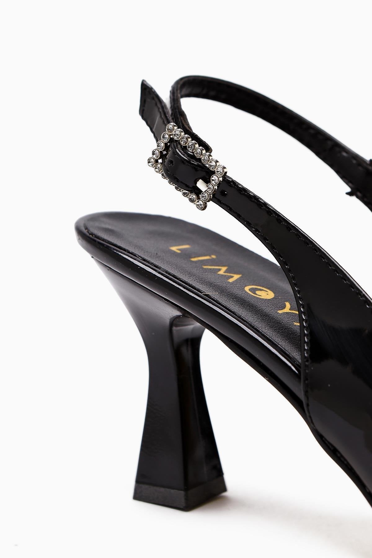 Chiara Black Patent Pointed Toe Stone Detail Women’s Heeled Shoes