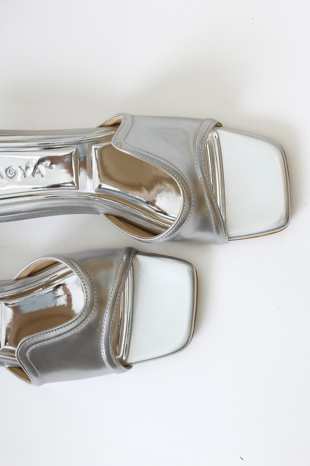 Nune Silver Patent Leather Asymmetric Strap Low Heel Sandals