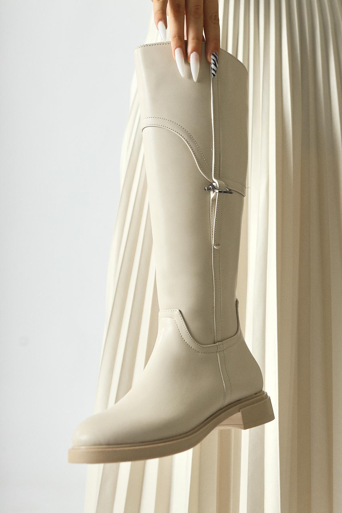 Caterine Beige Short Heeled Boot with Buckle Detail