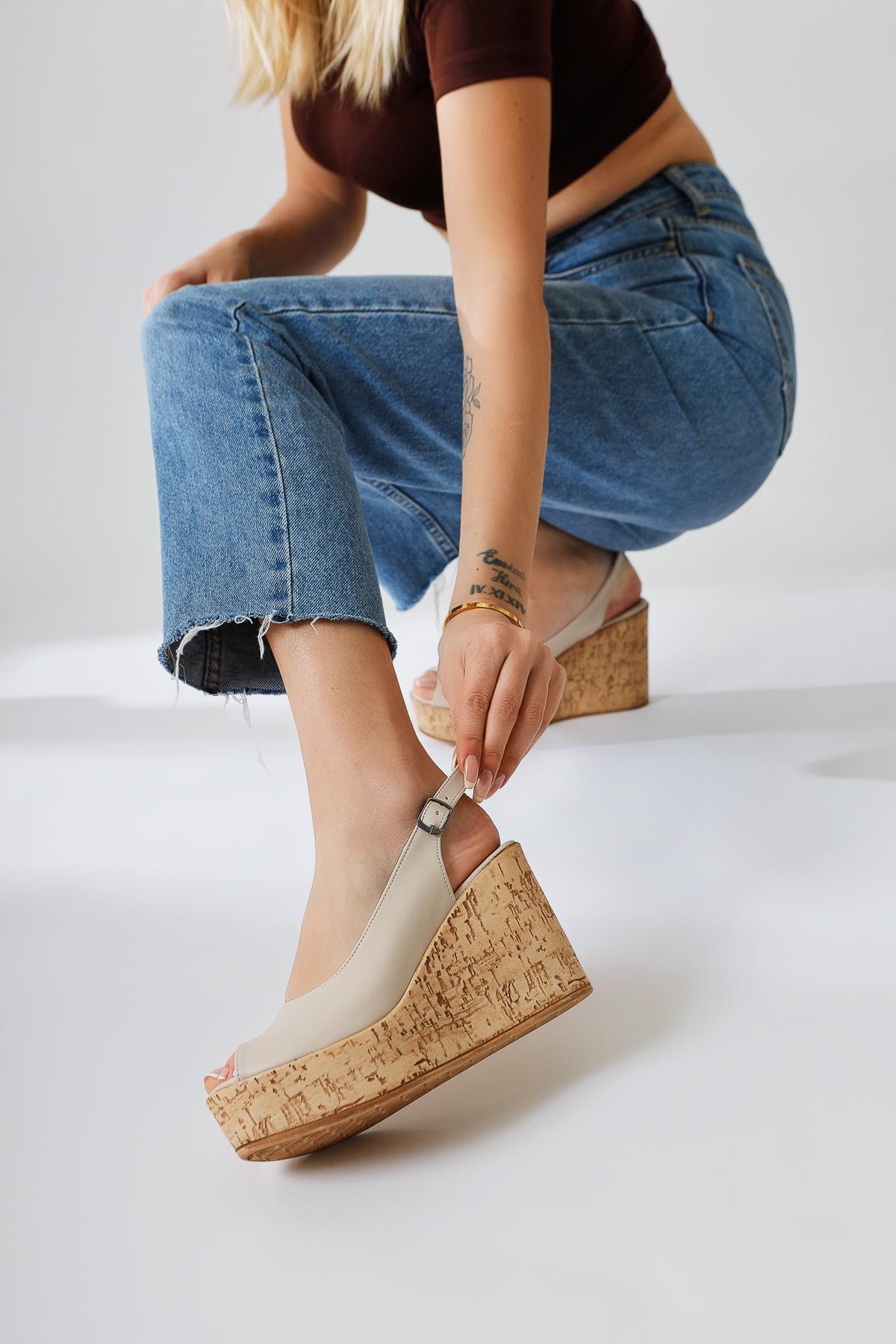 Alvine Beige Rustic Sole Detail Chunky Heeled Sandal