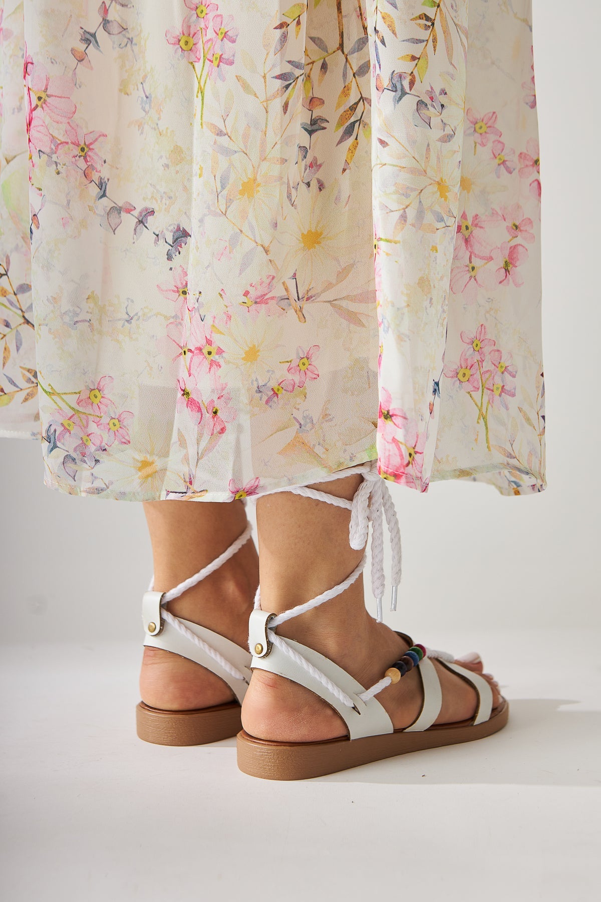 Nina White Beaded Ankle-Tie Thong Women's Sandals