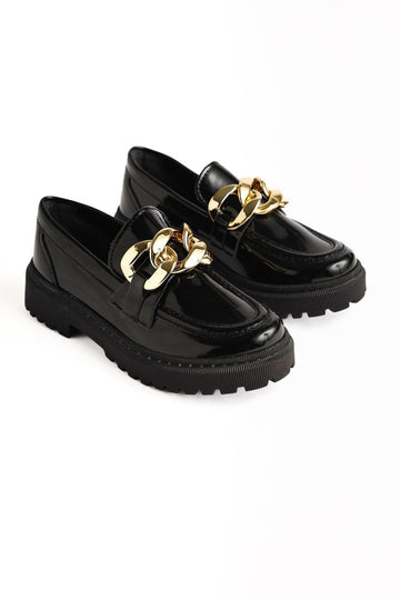 Fiori Black Patent Leather Kids' Moccasins with Buckle Detail