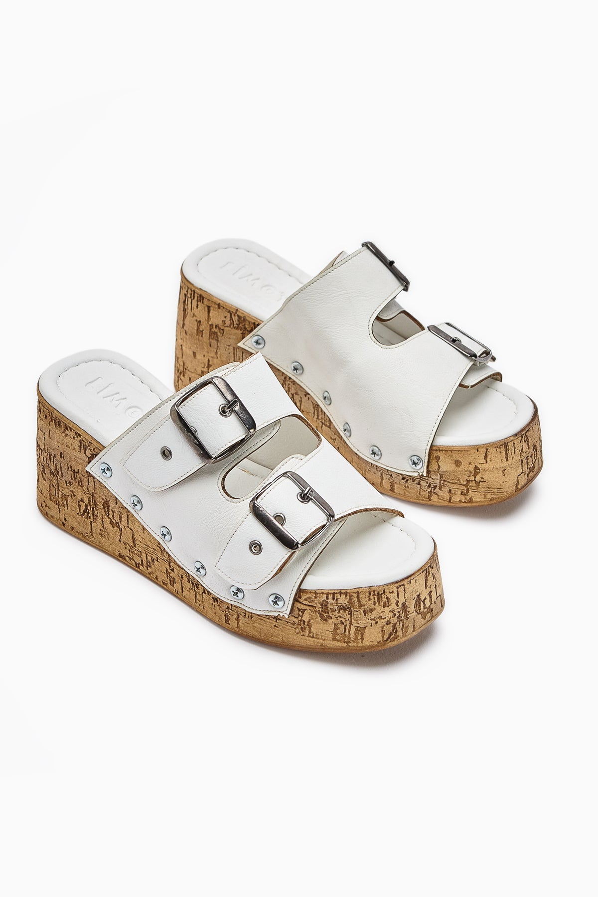 Ratka White Double-Strapped Platform Heeled Women's Slippers