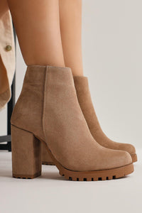 Bahiya Beige Suede Oval Toe Zippered Heeled Boots