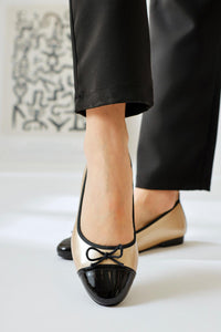 Sobhie Gold Patent Leather Black Tipped Bow Detail Ballet Flat