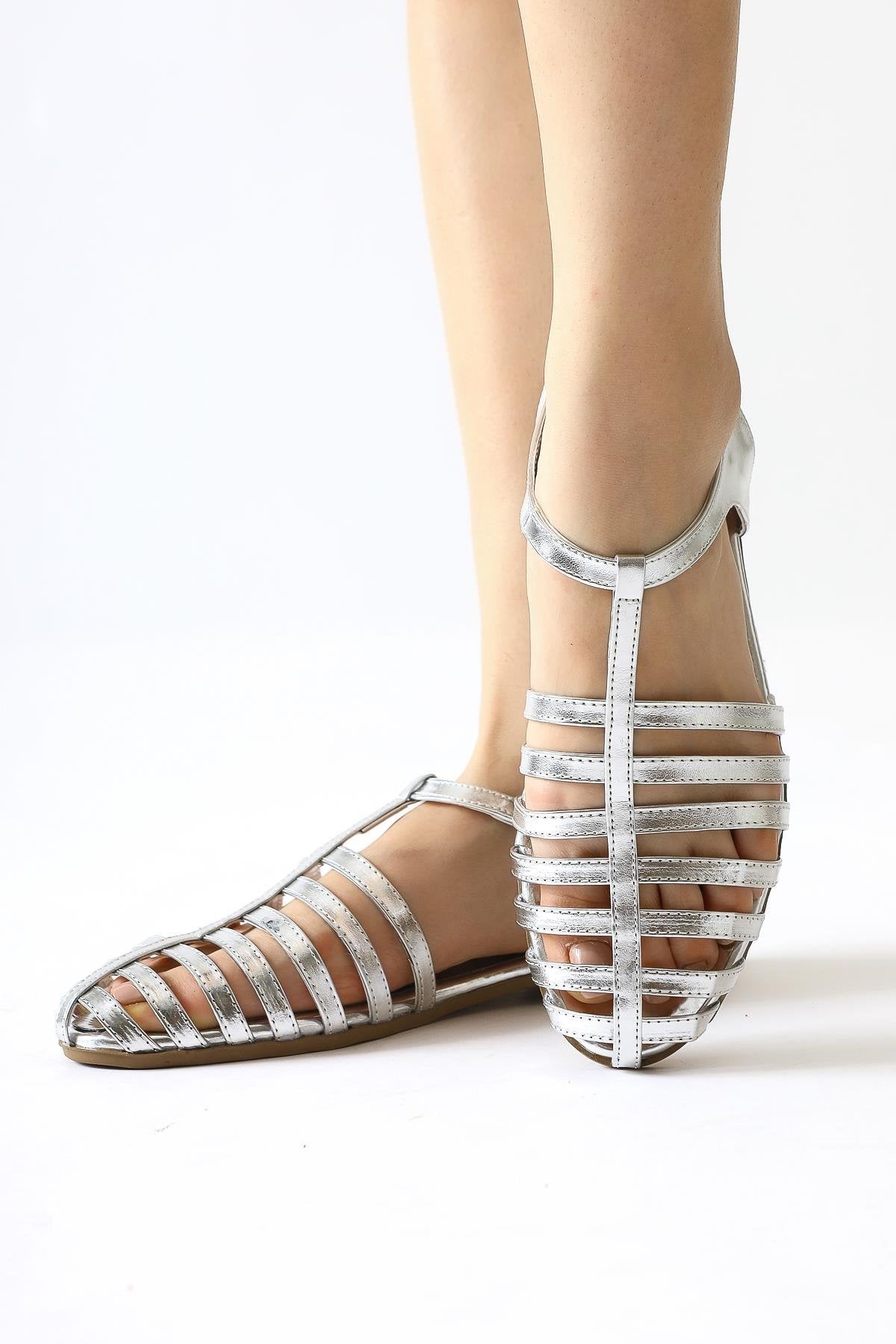 Zafu Silver Thin Strap Flat Sandals