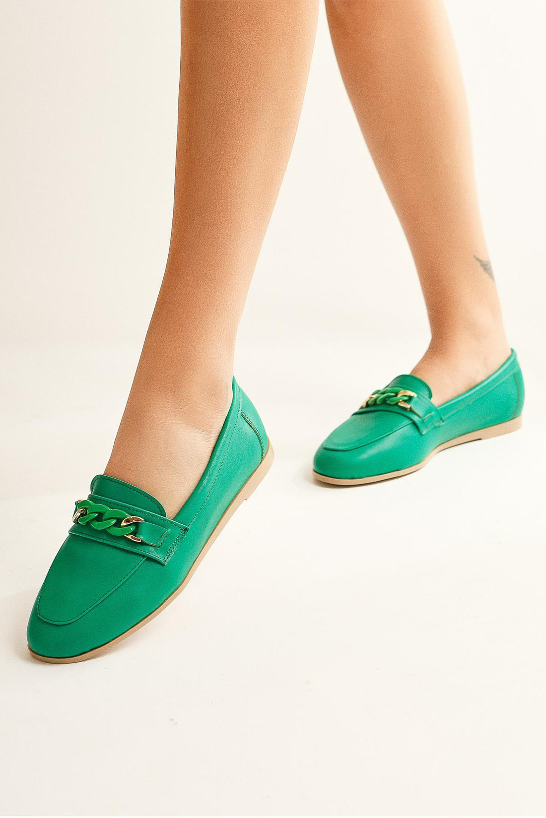 Fathie Green Ballet Flats with Chain Buckle Detail