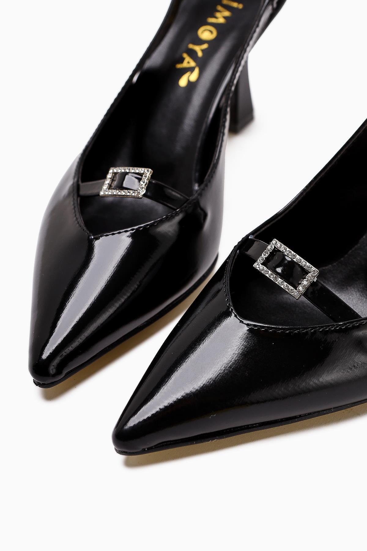 Chiara Black Patent Pointed Toe Stone Detail Women’s Heeled Shoes