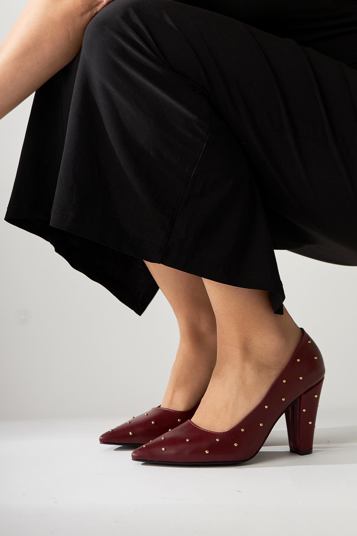 Audrey Burgundy Pointed Toe High Heel Shoes with Stud Detail