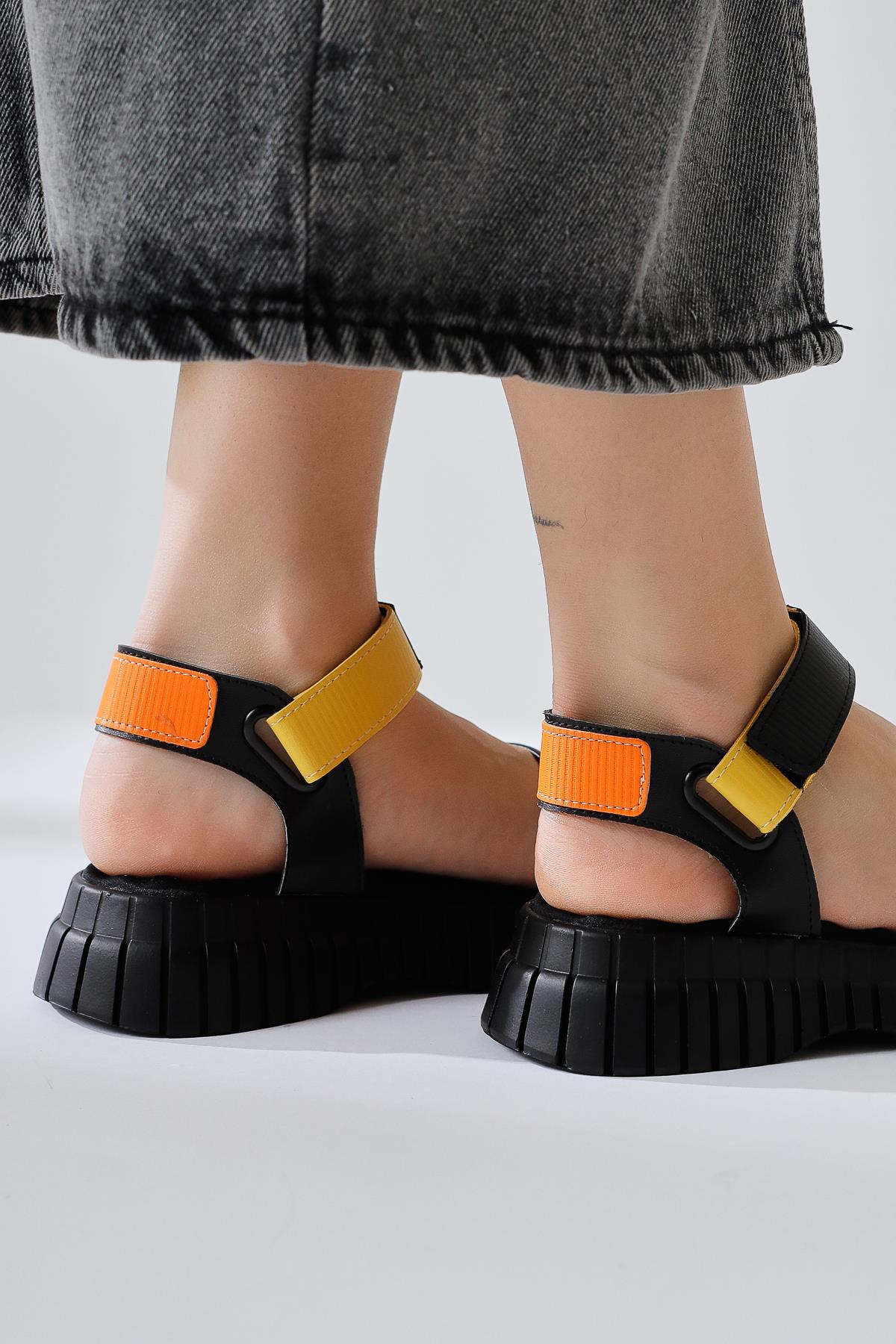 Jeny Black Thick Strap Velcro Comfort Sole Sandals