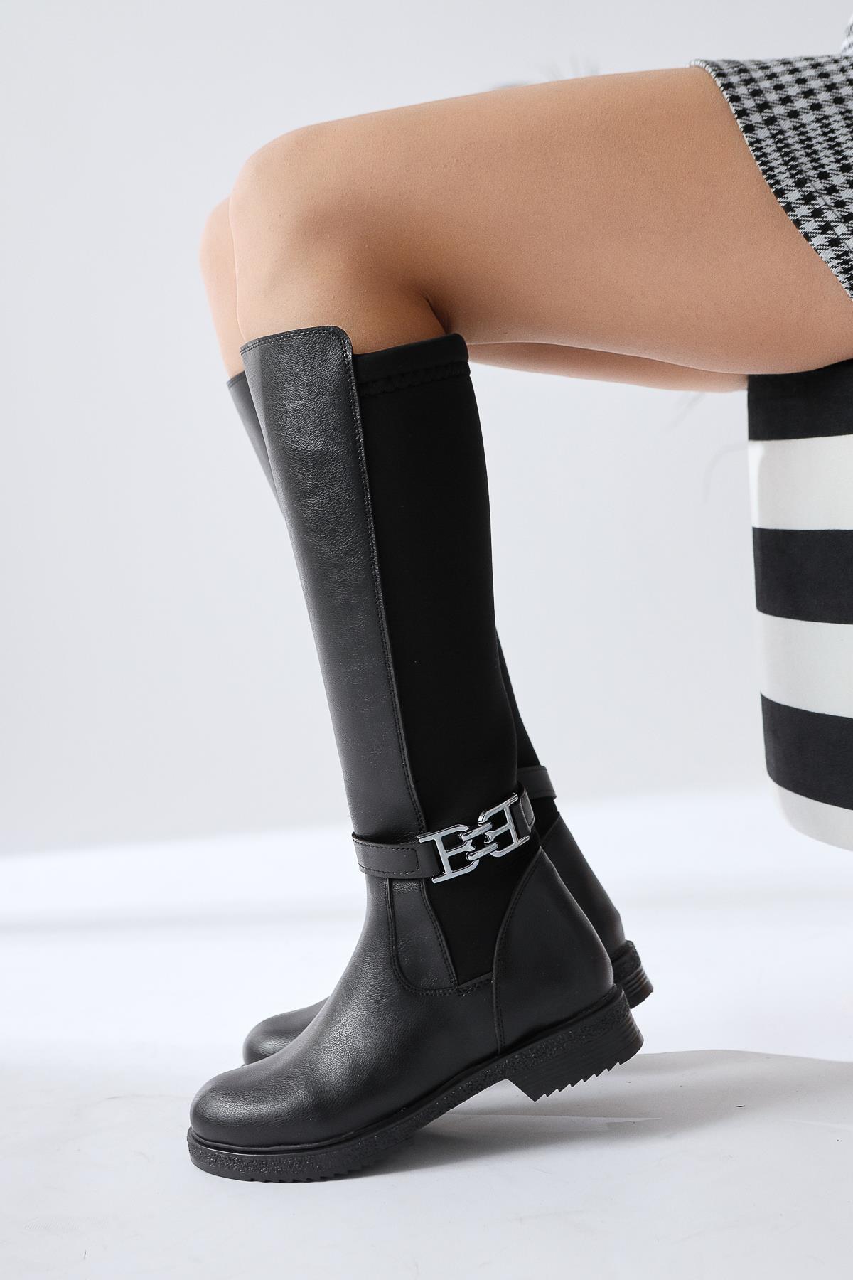 Mountaha – Black Neoprene Cuff Accessory-Detail Low-Heel Knee-High Boot (Women)